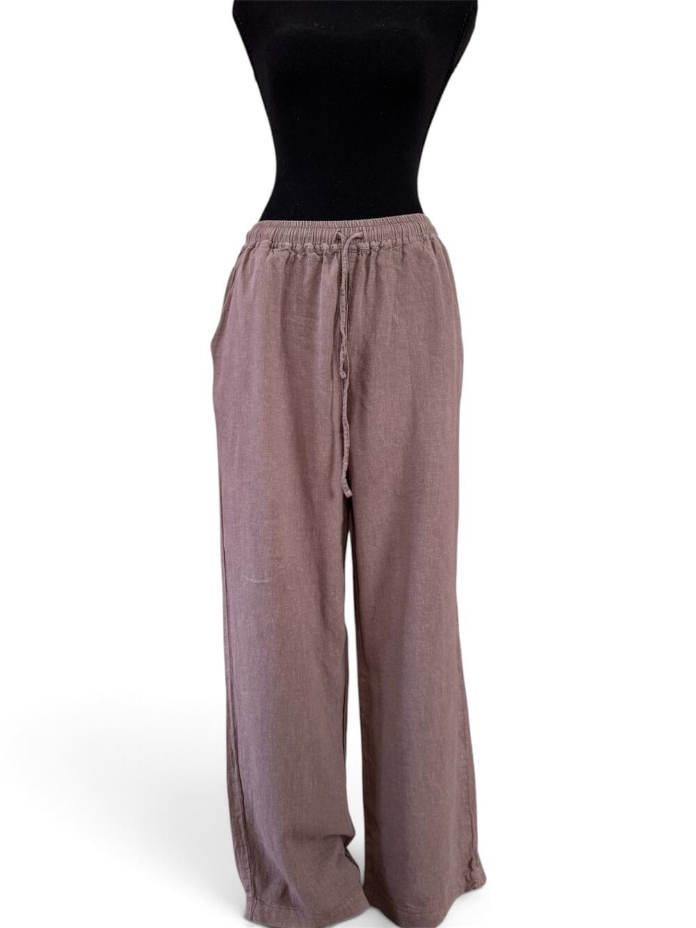 ⁠CINEMA CLUB Japanese Linen Blend Wide Leg Pants Brown Womens S M Drawstring LL